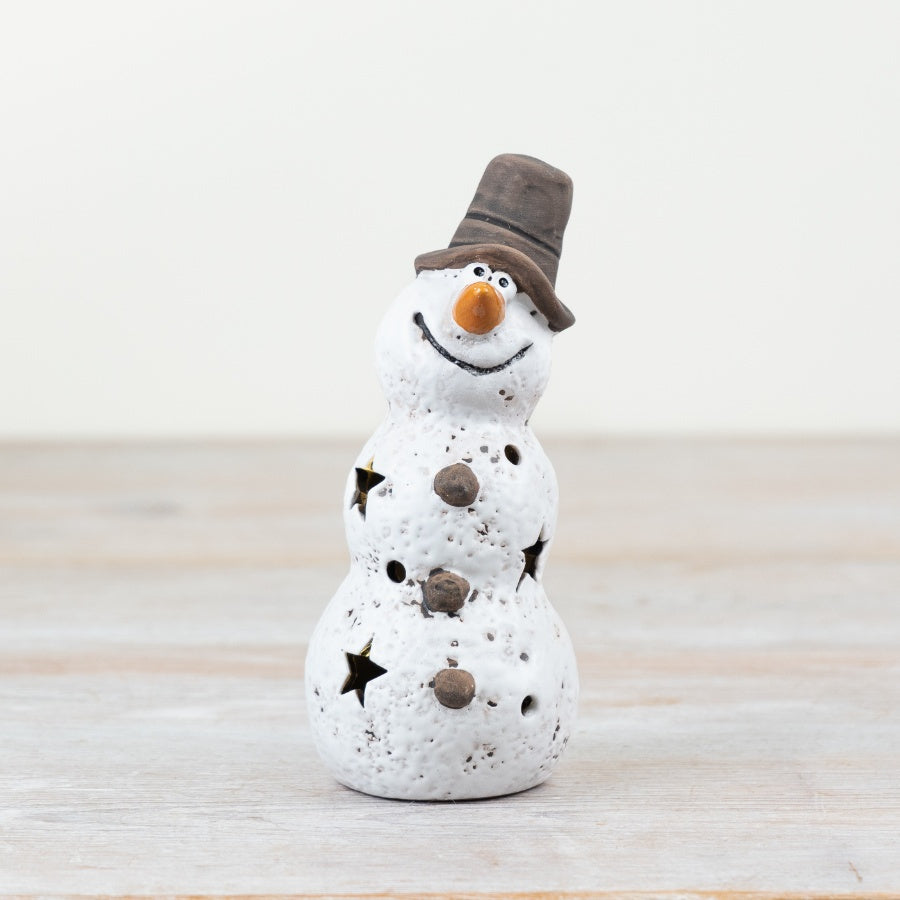 LED Snowman Ornament – 15.5cm Hand-Crafted Winter Figurine, Matte Glaze with Warm LED Lights