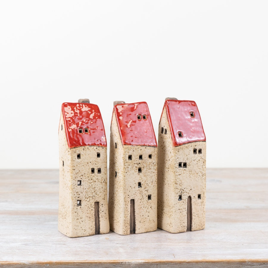Set of 3 Red Rustic LED Houses – 18cm Festive Light Up Christmas Decorations