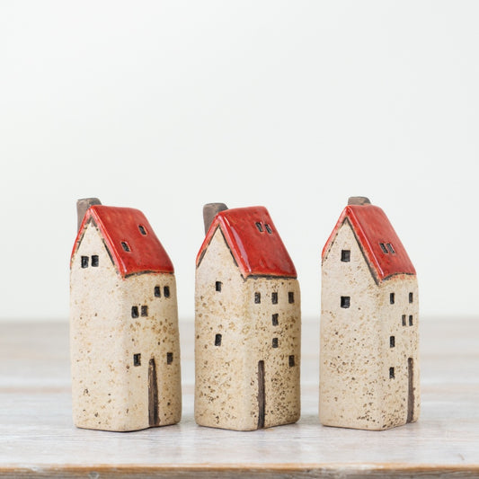 Set of 3 Red & Natural LED Houses – 15.3cm Hand-Finished Rustic Christmas Décor, Warm Glow