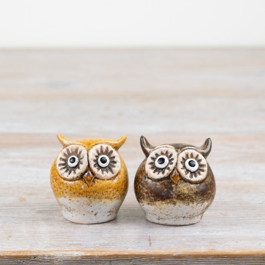 Set of 2 Rustic Brown Owl Ornaments – 5cm Mini Woodland Décor Figurines