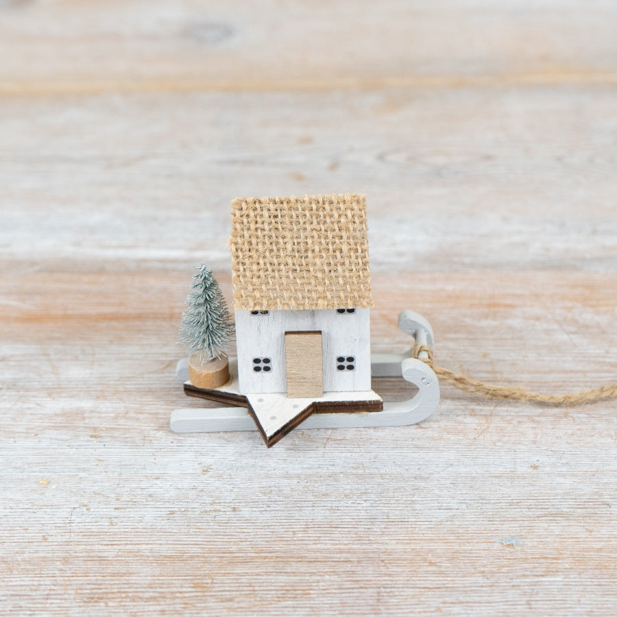 Hanging White Wooden House – 8cm Rustic Home Decoration with Jute Hanger