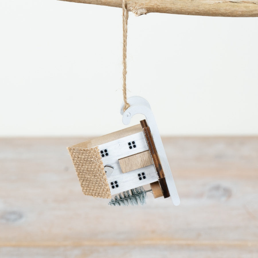 Hanging White Wooden House – 8cm Rustic Home Decoration with Jute Hanger