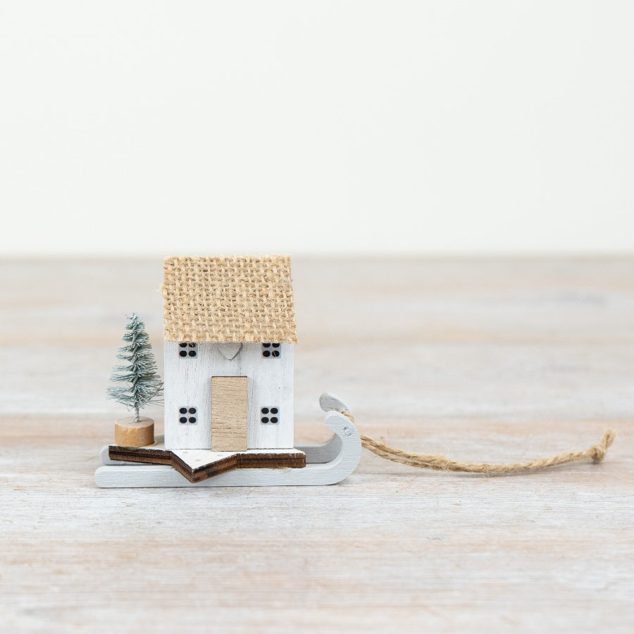Hanging White Wooden House – 8cm Rustic Home Decoration with Jute Hanger