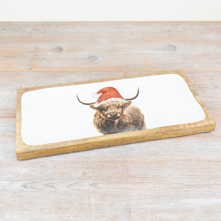 Festive Highland Cow Wooden Tray 40cm Rustic Serving Board
