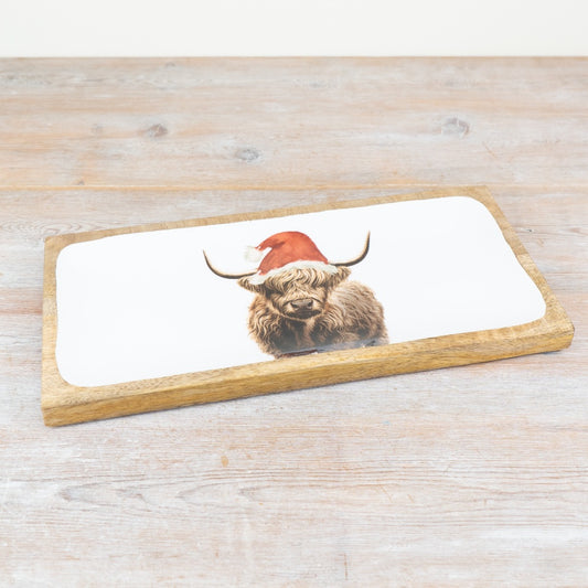 Festive Highland Cow Wooden Tray 40cm Rustic Serving Board