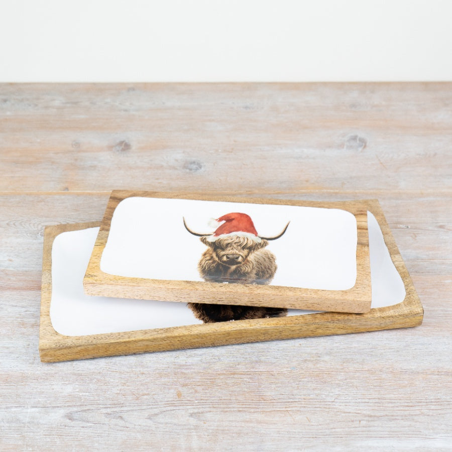 Festive Highland Cow Wooden Tray 40cm Rustic Serving Board