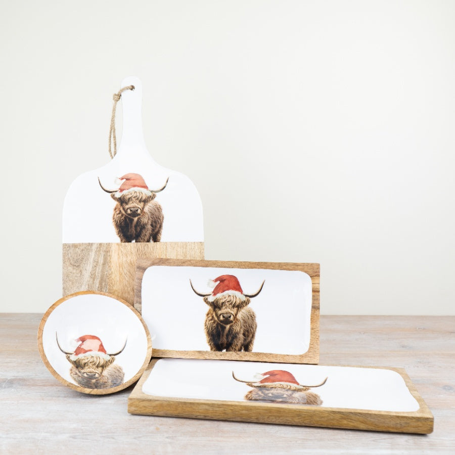 Festive Highland Cow Wooden Tray 40cm Rustic Serving Board