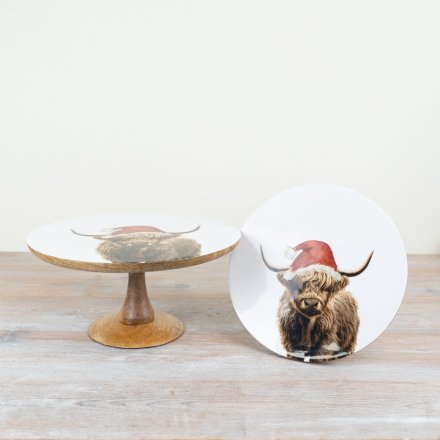 25cm Festive Highland Cow Cake Stand – Mango Wood Christmas Display Plate