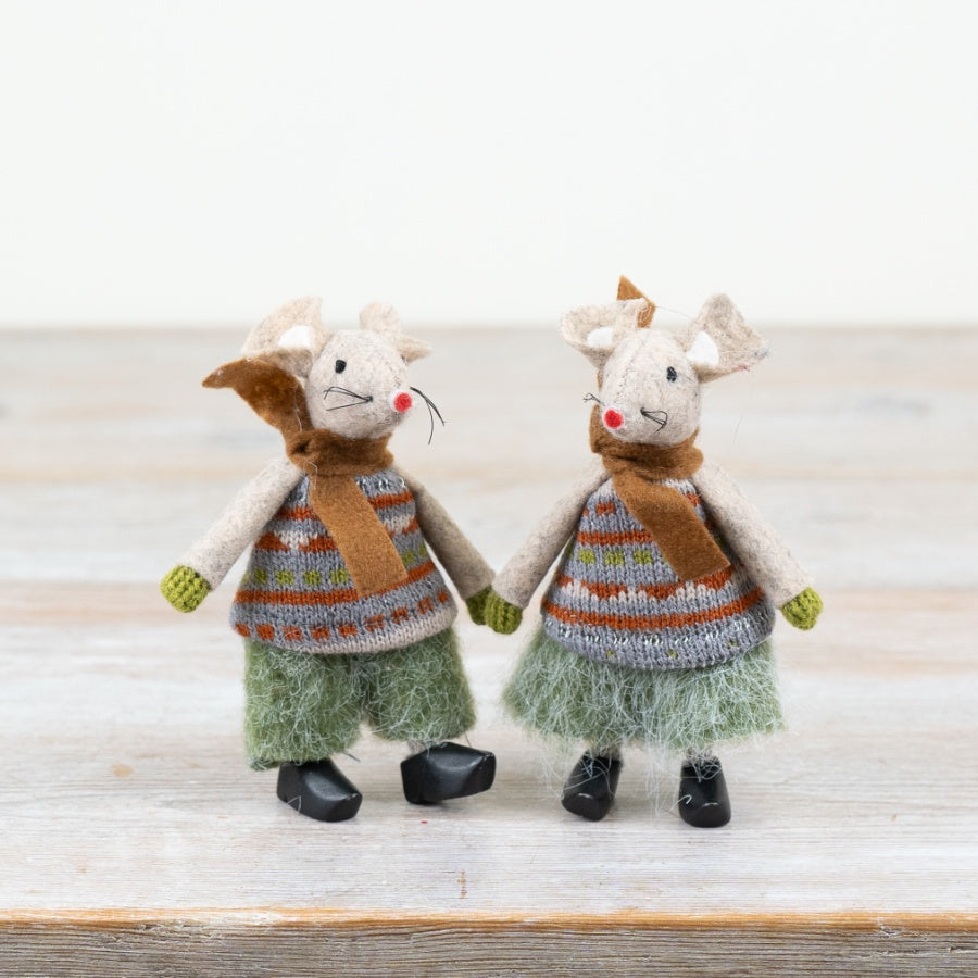 11cm Fabric Standing Girl Mice – Cute Christmas Figurines, Rustic Festive Decorations