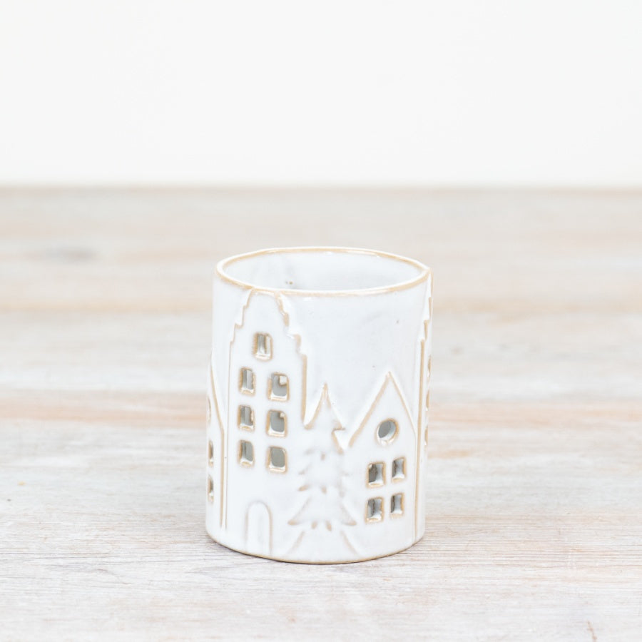 House Design Ceramic Tealight Holder 6.4cm – Cut-Out Candle Cup, Cosy Home Decor Accent for Warm Ambient Lighting