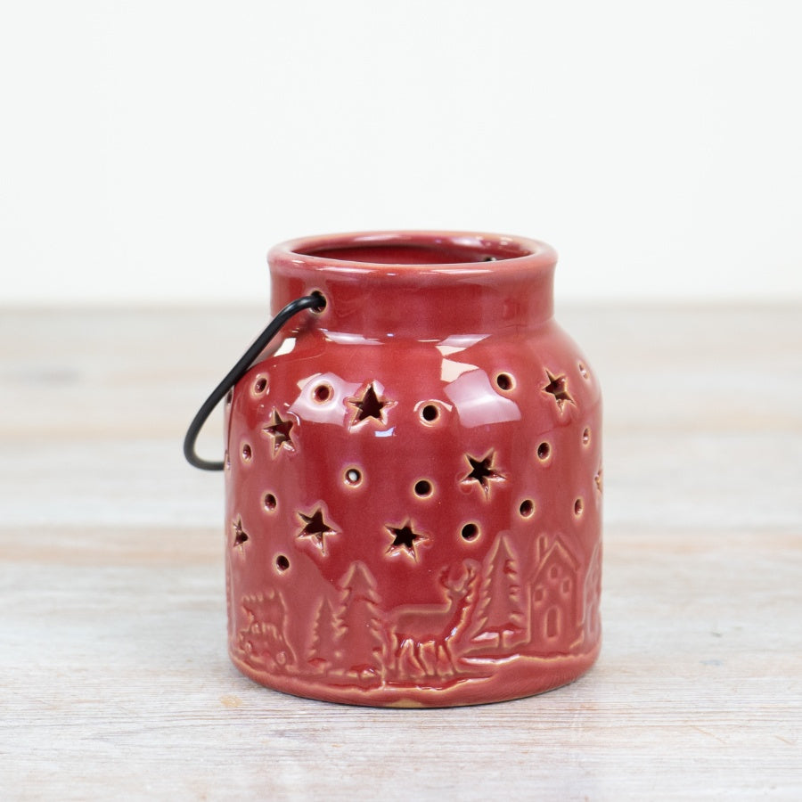 Festive Red Lantern with Scene – 10cm Ceramic Christmas Candle Holder