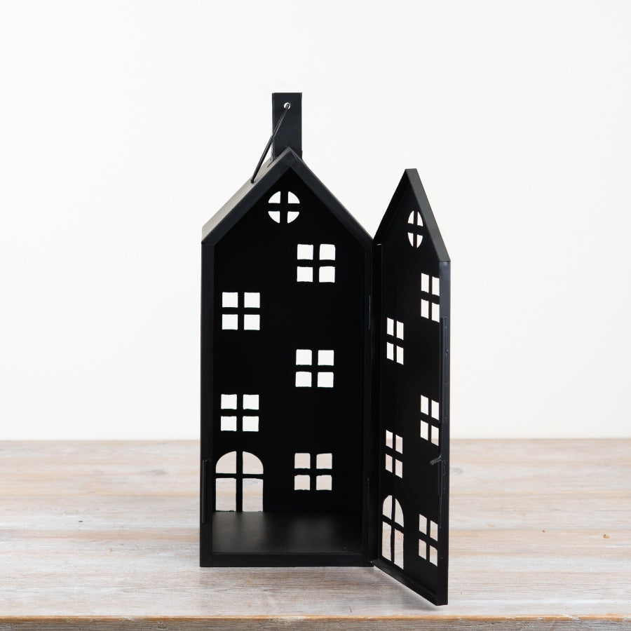 40cm Black Iron House Candle Holder – Rustic Metal Lantern with Wooden Roof