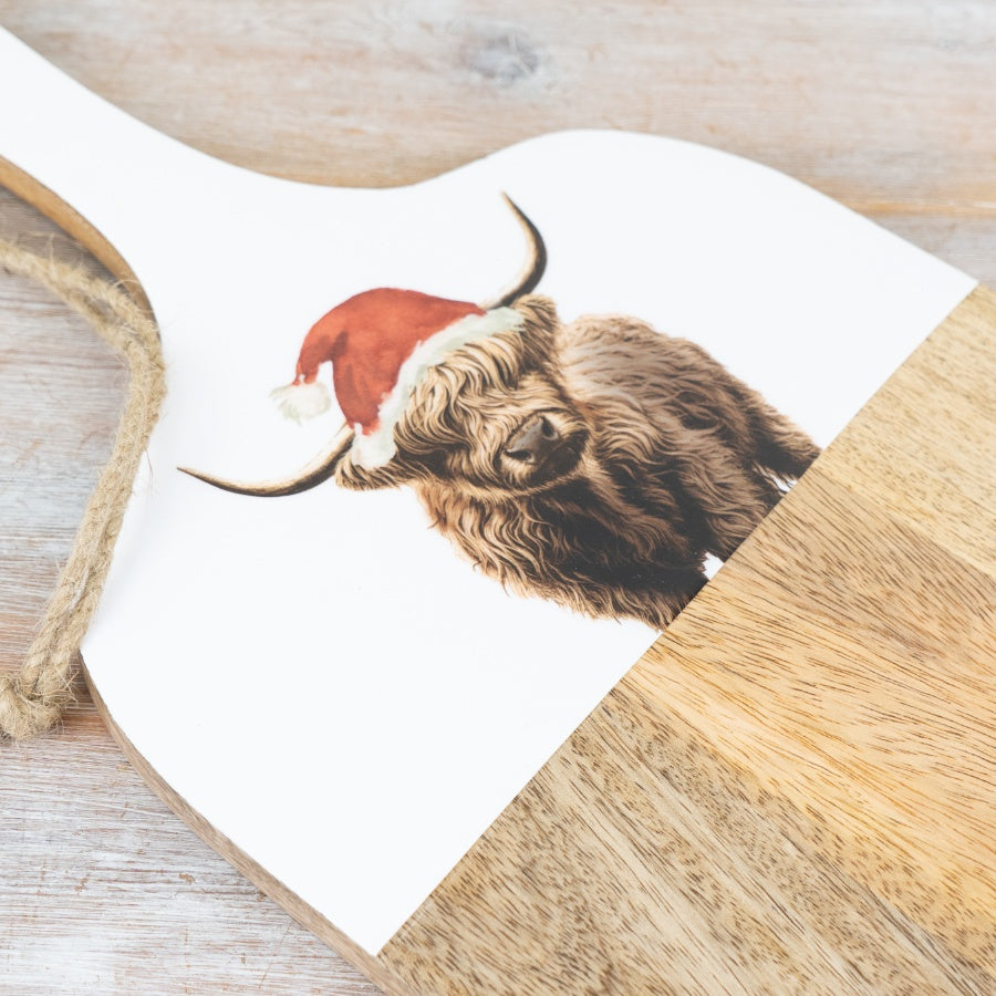 Festive Highland Cow Christmas Chopping Board 25cm Kitchen Decor
