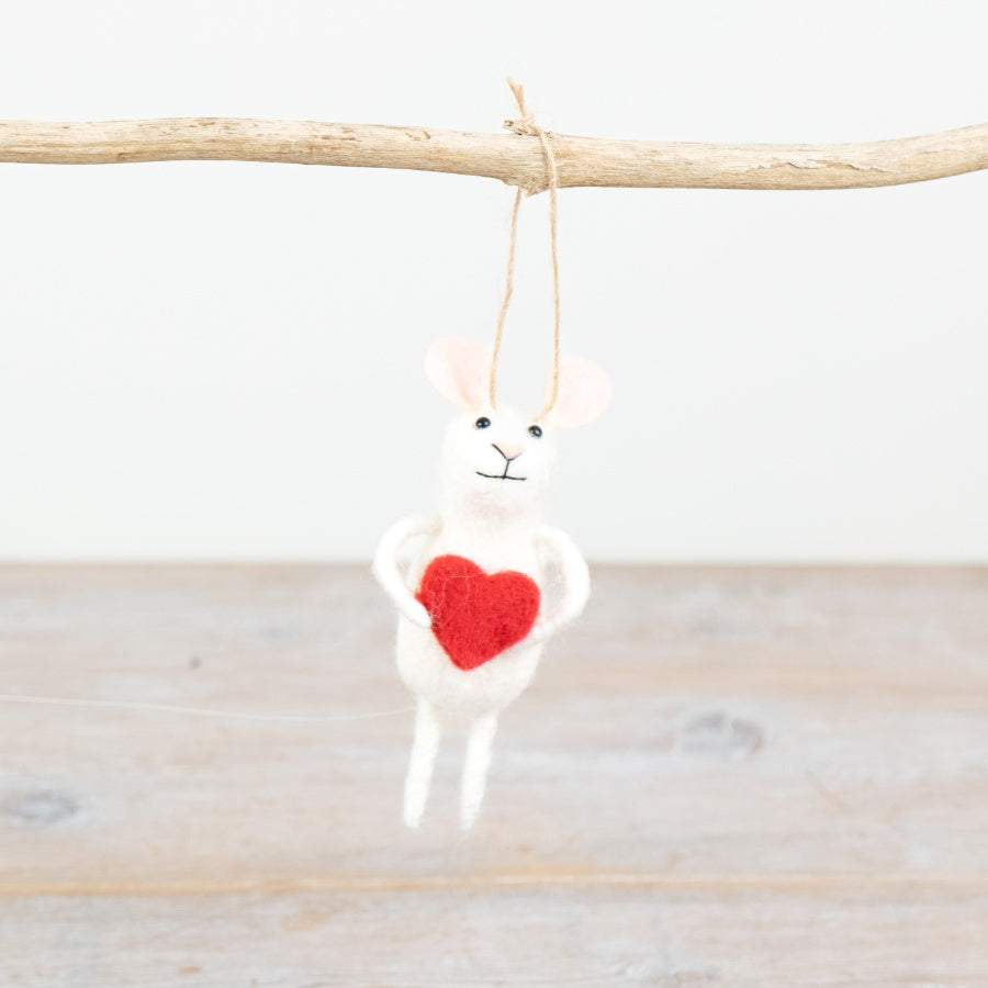 White Felt Heart Mouse on Hanger, 11cm