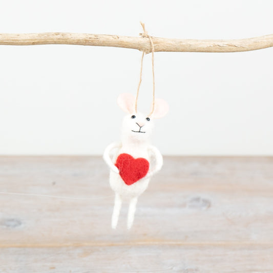 White Felt Heart Mouse on Hanger, 11cm