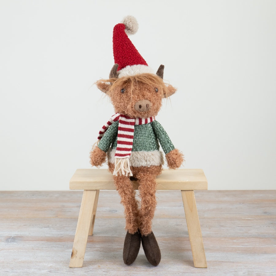 Festive Highland Cow – 64cm Christmas Ornament with Woolly Hat & Scarf, Rustic Holiday Décor