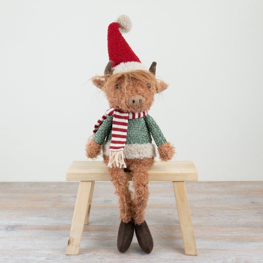 Festive Highland Cow – 64cm Christmas Ornament with Woolly Hat & Scarf, Rustic Holiday Décor