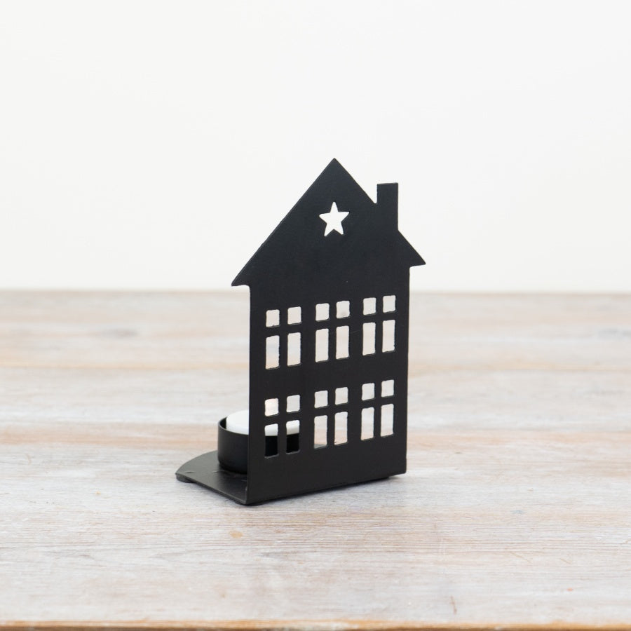 Black Iron House T Light Holder 14cm Star Cutout Rustic Candle Lantern