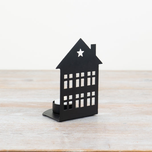 Black Iron House T Light Holder 14cm Star Cutout Rustic Candle Lantern