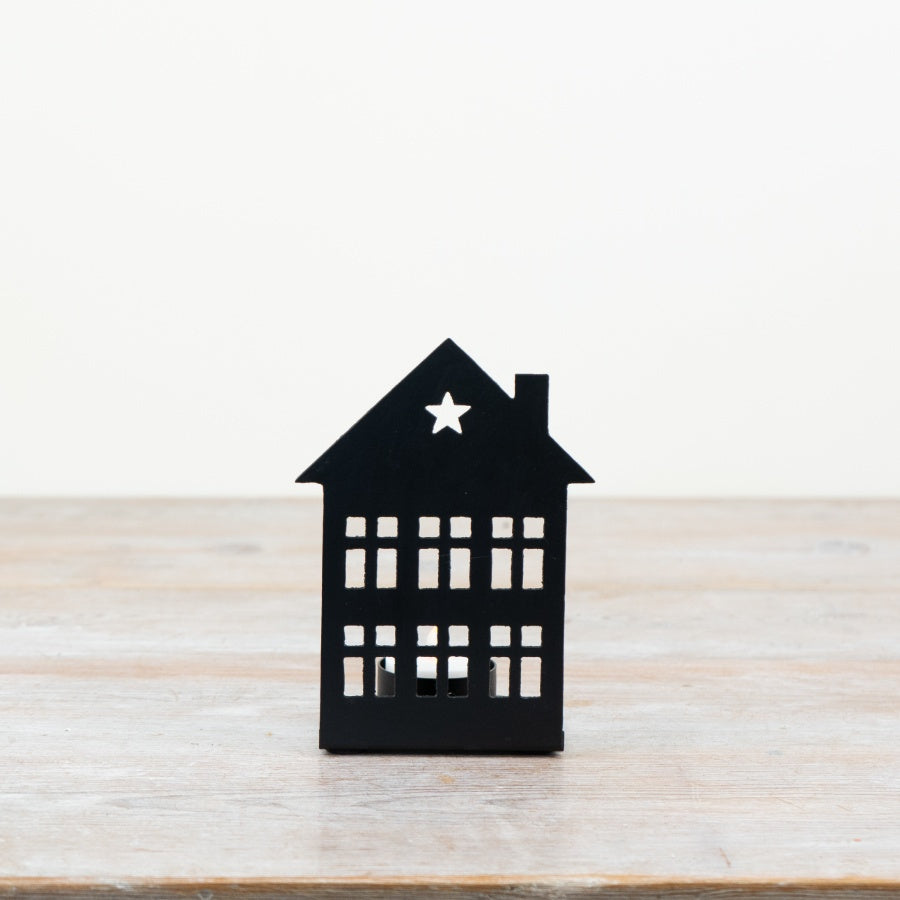 Black Iron House T Light Holder 14cm Star Cutout Rustic Candle Lantern