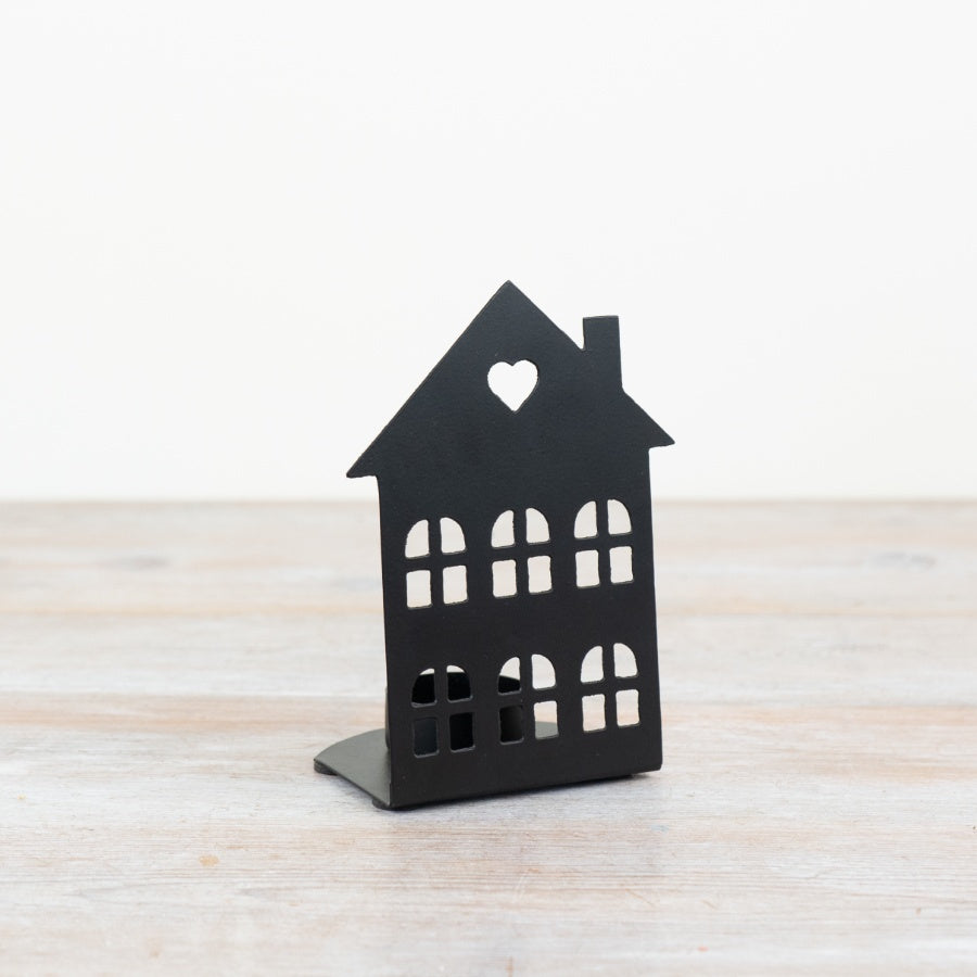 Black Iron Candle House Lantern 14cm Heart Cutout Rustic Tealight Holder