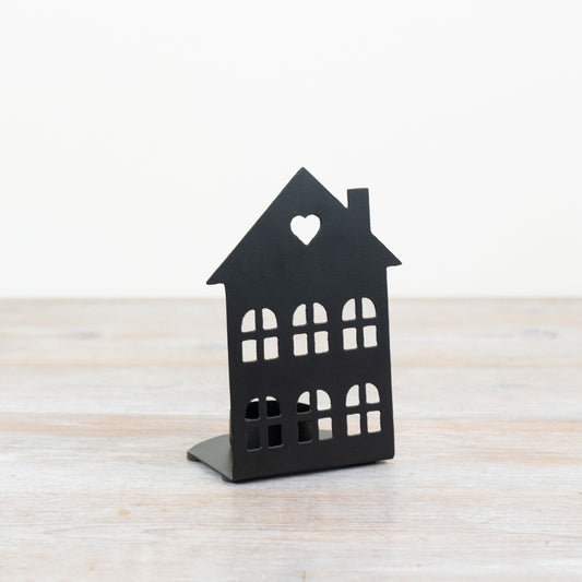Black Iron Candle House Lantern 14cm Heart Cutout Rustic Tealight Holder