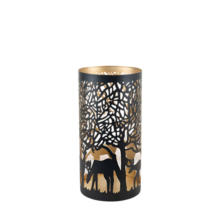 Iron Woodland Candle Holder 30cm Black Gold Forest Silhouette Lantern