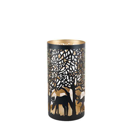 Iron Woodland Candle Holder 30cm Black Gold Forest Silhouette Lantern
