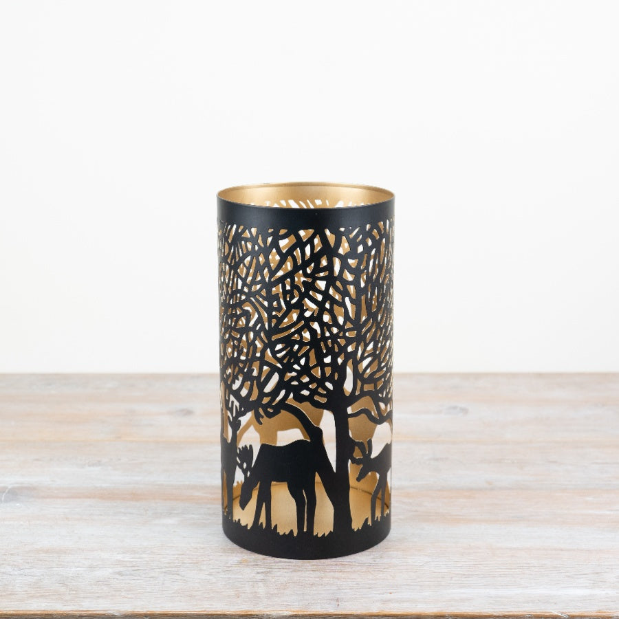 Iron Woodland Candle Holder 30cm Black Gold Forest Silhouette Lantern