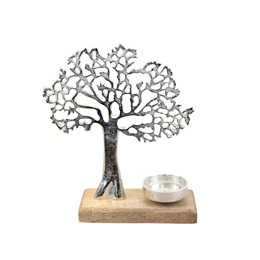 Tree on Base Candle Holder 26cm Wooden Aluminium Nature Decor