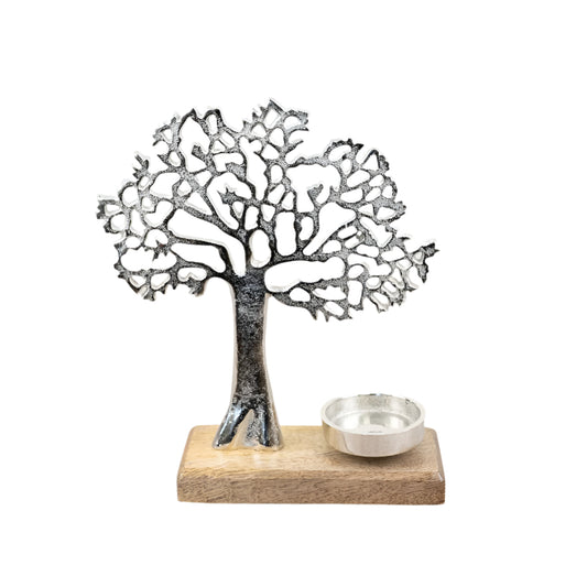 Tree on Base Candle Holder 26cm Wooden Aluminium Nature Decor