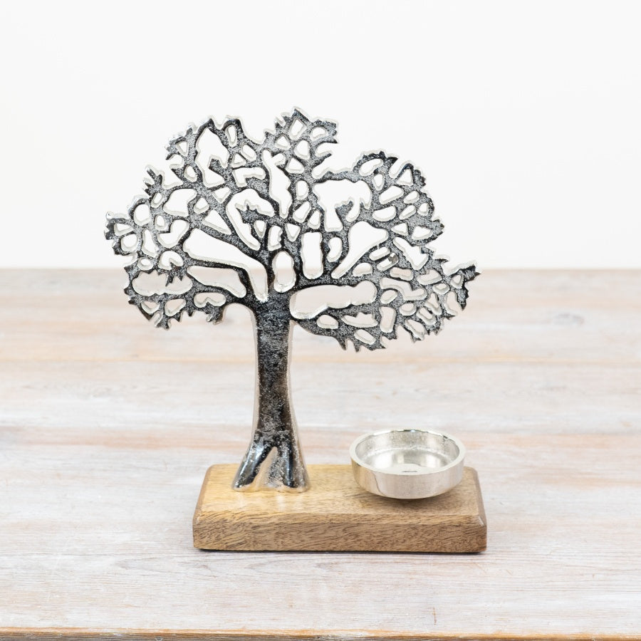 Tree on Base Candle Holder 26cm Wooden Aluminium Nature Decor