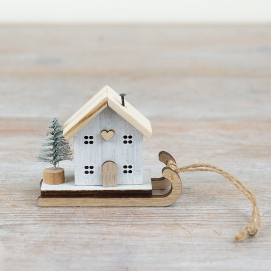 Wooden House on Sleigh Hanger – 8cm Festive Christmas Decoration with Jute String