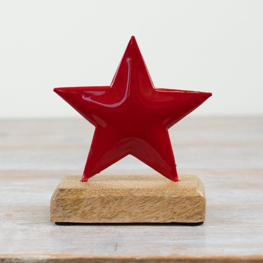 16cm Red Star Ornament on Wooden Base – Festive Christmas Decoration