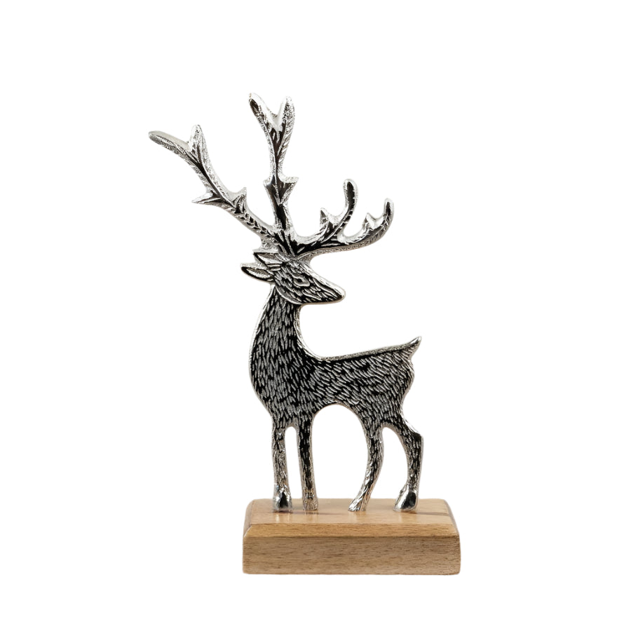 Metal Reindeer Ornament 23cm Aluminium on Wood Base Christmas Decoration