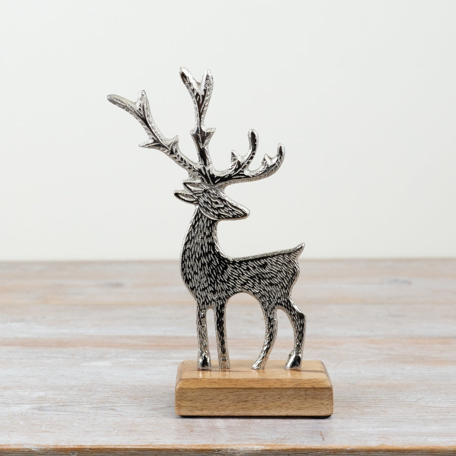 Metal Reindeer Ornament 23cm Aluminium on Wood Base Christmas Decoration