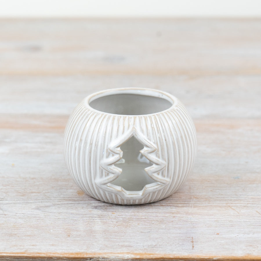 Neutral Tree Candle Holder – 9.5cm Ceramic Tealight Holder with Christmas Tree Cut-Out