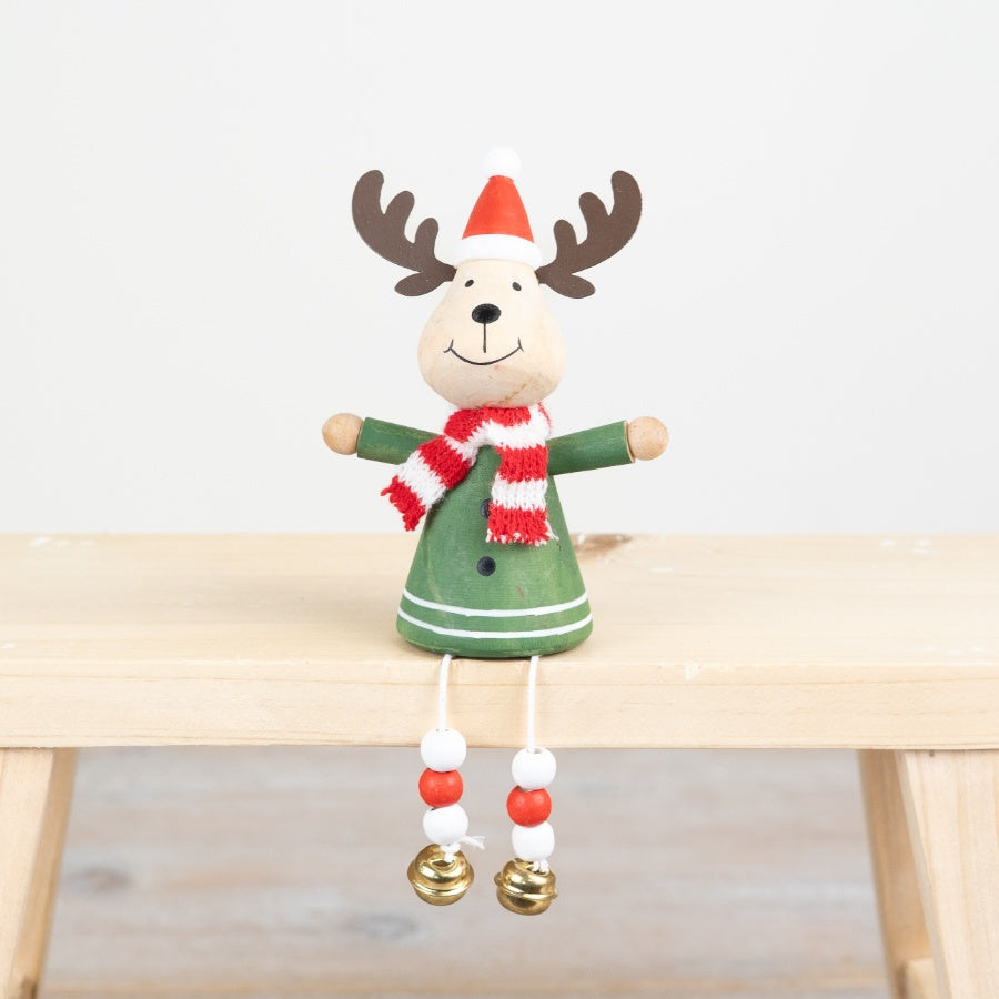 Wooden Reindeer with Dangly Deco 11.2cm – Rustic Christmas Ornament, Festive Table or Shelf Decoration
