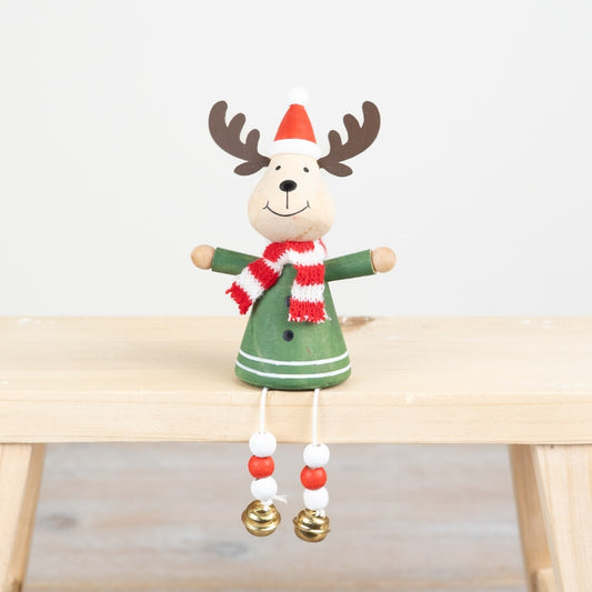 Wooden Reindeer with Dangly Deco 11.2cm – Rustic Christmas Ornament, Festive Table or Shelf Decoration