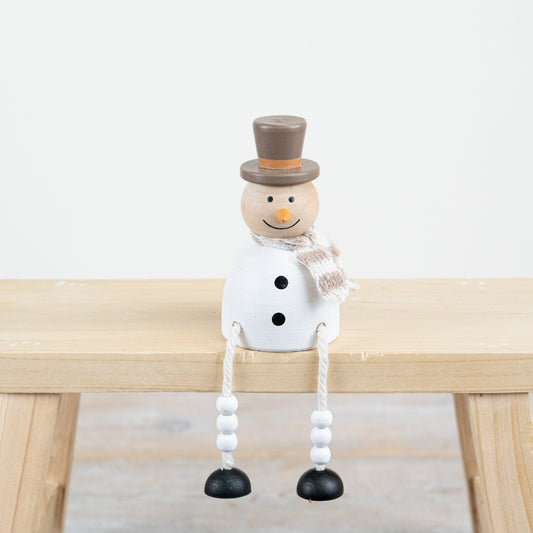 Wooden Snowman Sitter 10.5cm – Christmas Shelf Decoration with Fabric Scarf Festive Home Decor Accent