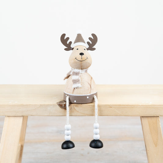 Wooden Reindeer Sitter 11cm – Cute Christmas Reindeer Ornament with Metal Antlers Festive Home Decor