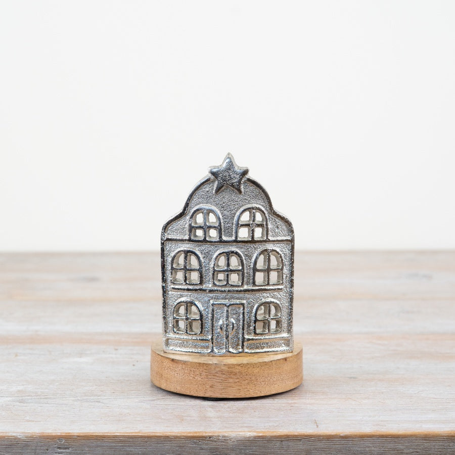 Metal House T-Light Holder 15cm Aluminium & Wood Candle Lantern, Rustic Home Décor