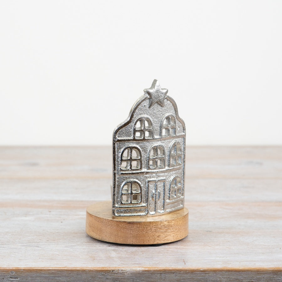 Metal House T-Light Holder 15cm Aluminium & Wood Candle Lantern, Rustic Home Décor