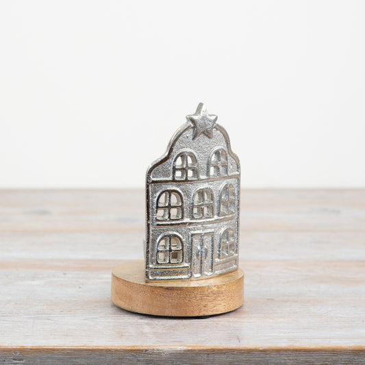 Metal House T-Light Holder 15cm Aluminium & Wood Candle Lantern, Rustic Home Décor
