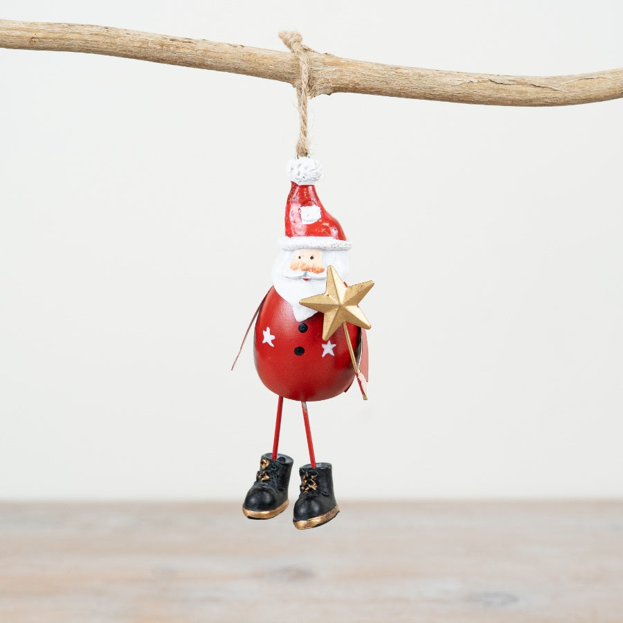Metal Santa Hanger – 12cm Traditional Christmas Decoration with Gold Star Wand & Black Boots