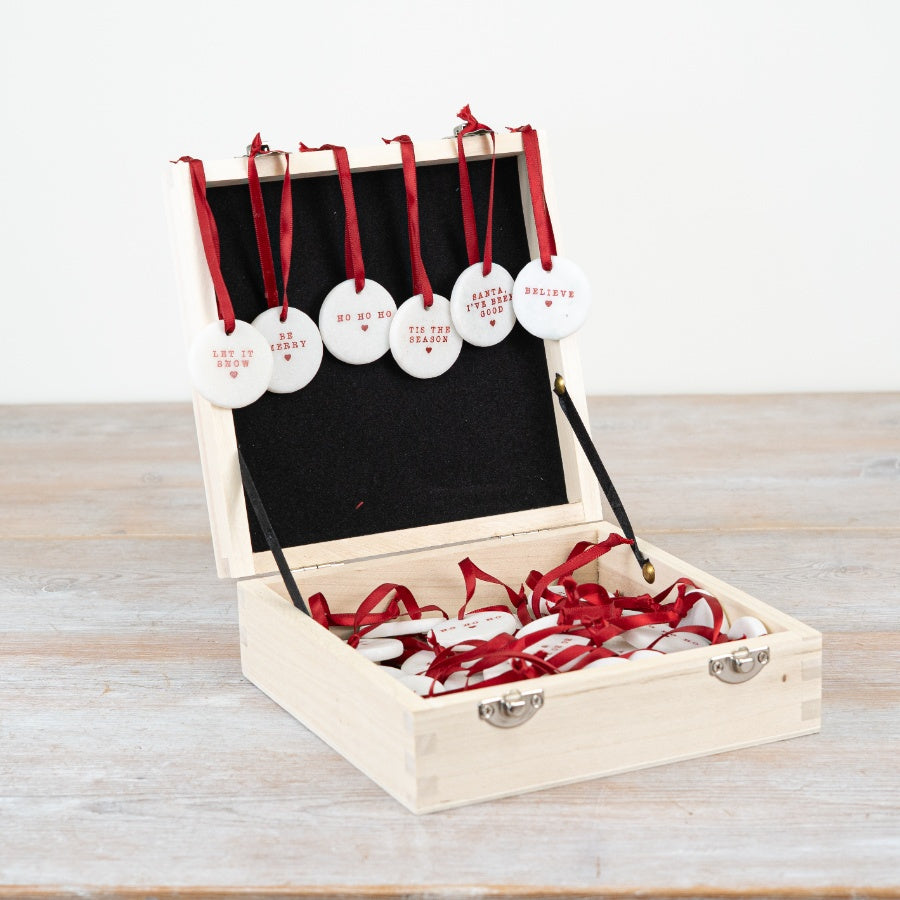 Christmas Round Pebbles 3.5cm Festive Decor with Wooden Display Box