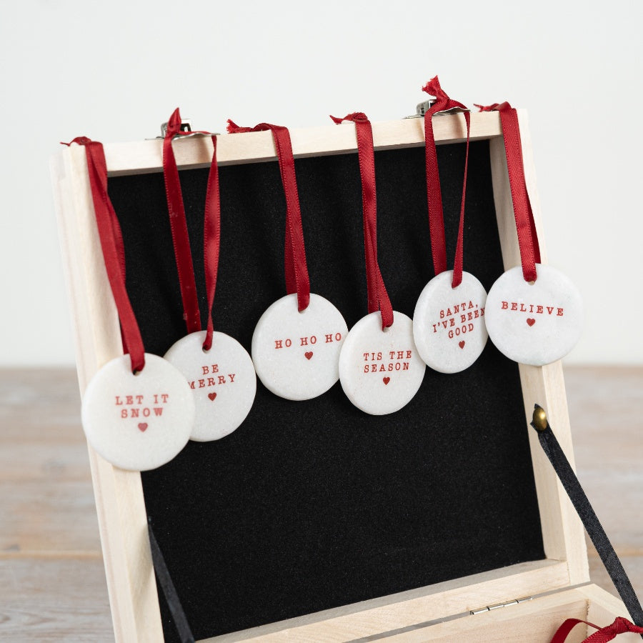 Christmas Round Pebbles 3.5cm Festive Decor with Wooden Display Box