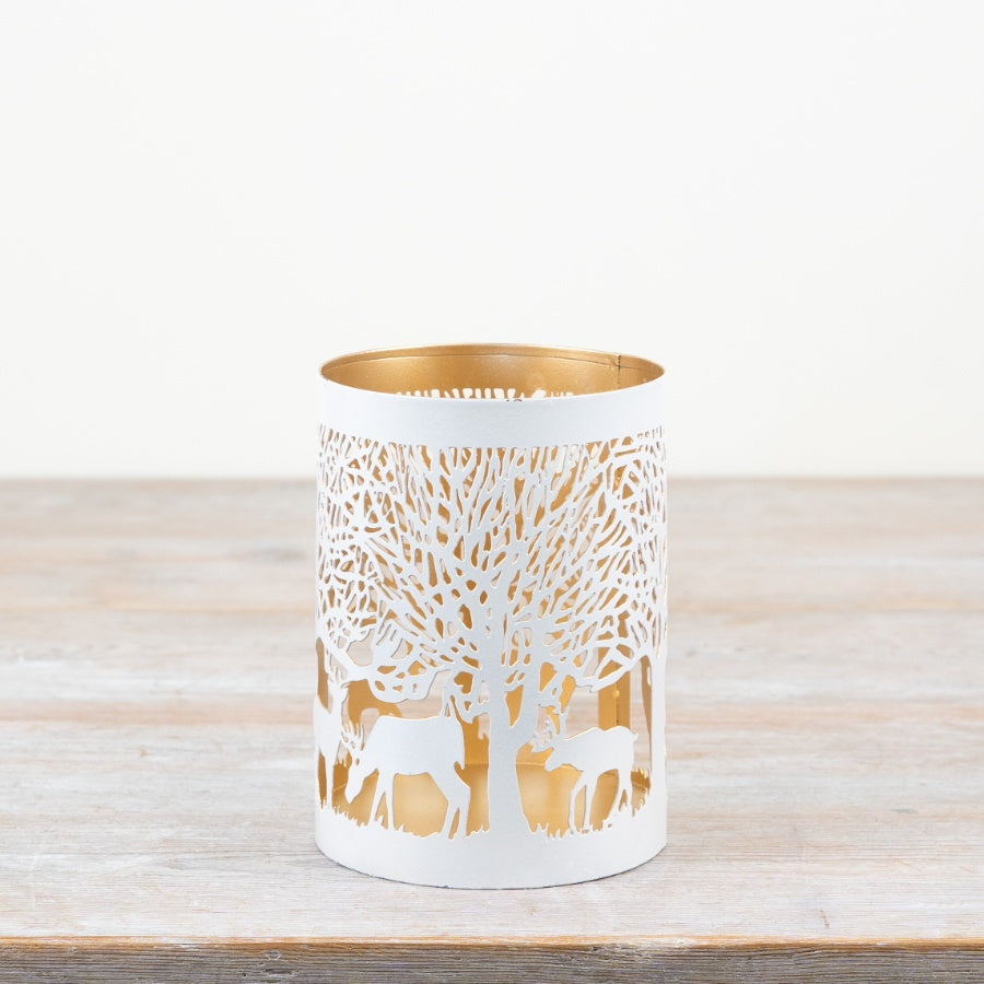 White/Gold Xmas Scene Candle Holder 14cm