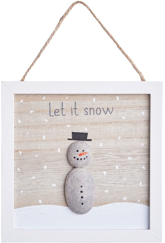 Let It Snow Pebble Sign 13cm Rustic Snowman Winter Hanging Wall Decor