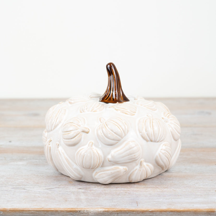 Ceramic Pumpkin Ornament – 19cm White Glazed Autumn Decoration for Home Display
